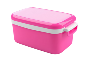 Pink rectangular plastic storage container with a white lid, suitable for food storage and organization, isolated on a transparent background. png