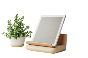 Modern tablet stand and potted plant on transparent background. Ideal for home decor, office setup, or digital device display. png