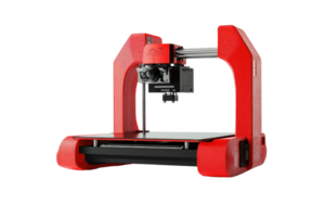Red 3D printer isolated on transparent background. Modern technology for prototyping and manufacturing. High precision and innovative equipment. png