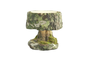Realistic tree stump stool featuring a natural finish, ideal for garden or forest-themed decor, with hints of moss and texture for a rustic feel. png