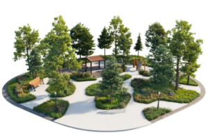 A beautiful park with lush green trees, neatly arranged pathways, benches, and a small shelter, offering a serene environment for relaxation. png
