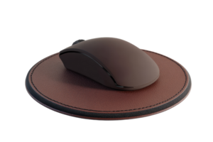 Wireless computer mouse on a brown leather mouse pad, isolated on a transparent background. Perfect for office, home, and professional settings. png