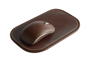 Wireless computer mouse on a brown leather mouse pad, isolated on transparent background. Elegant accessory for office or home workspace. png