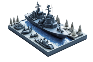 3D illustration of a naval fleet showcasing battleships and destroyers docked in a military harbor with strategic defense structures png