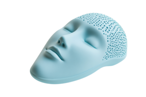 Artificial intelligence face mask in blue symbolizes futuristic technology and digital innovation, highlighting AI and machine learning advancements. png