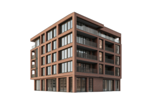 Modern multi-story brick apartment building with large windows and balconies, isolated on transparent background. Contemporary urban architecture concept. png