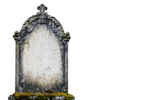 A weathered, ornate tombstone with intricate carvings, surrounded by moss, standing against a blank background, symbolizing remembrance. png