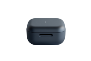 Sleek black wireless earbud charging case. Portable, compact with modern design, perfect for on-the-go use. Ideal for tech and audio lovers. png