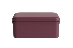 A minimalistic, maroon-colored rectangular tin container with a lid, isolated on a transparent background. Ideal for storage and packaging purposes. png