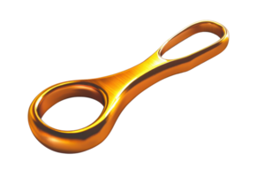 Close-up of a shiny metallic figure-eight descender, commonly used in climbing for belaying and rappelling. Safety gear and climbing equipment. png