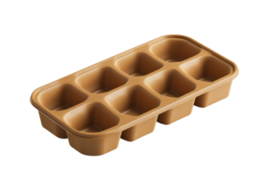 Brown silicone mold with eight cavities for baking, ice cubes, or crafts. Easy to clean and versatile for kitchen or DIY projects. png