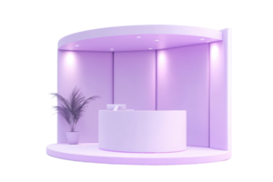 Modern minimalist white reception desk with purple lighting and decorative plant creating a serene and stylish welcome area png