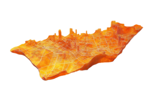 Abstract 3D city map in vibrant orange tones depicting urban growth and infrastructure with detailed roadways and structures. png