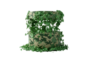 Camouflage container covered with green ivy, isolated on transparent background. Perfect for military or nature-themed projects. png