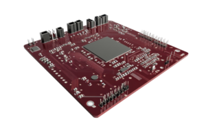 Close-up of a red printed circuit board with electronic components, ideal for technology, computing, and electronics themes. png