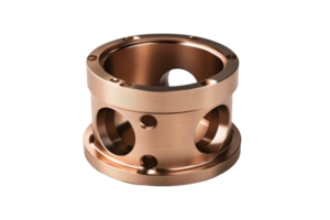 Close-up of a precision-engineered bronze cylindrical bushing with multiple holes, used in machinery and mechanical applications. png