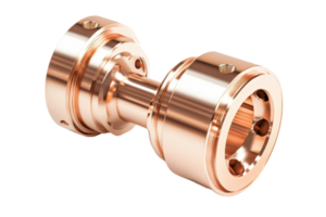High-quality copper mechanical part, precision-engineered component suitable for various industrial applications and machinery, isolated on white. png