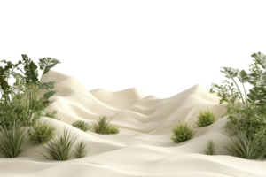 Lush green plants sprout amidst undulating sand dunes in a serene desert landscape, creating a beautiful contrast of nature's elements. png