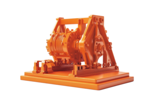 Bright orange mechanical winch isolated on transparent background. industrial equipment for lifting and pulling heavy loads. png