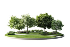 A serene park with lush green trees, well-manicured paths, and trimmed grass, perfect for relaxation and leisure activities. png
