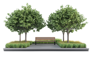 A serene park bench situated between two lush trees, providing a tranquil setting for relaxation and contemplation. png