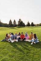 Group of diverse friends relaxing and chatting together on picnic blanket in the park photo