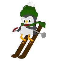 A cartoon penguin skiing down the snowy slopes wearing a green hat and scarf, showcasing winter fun and adventure vector