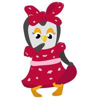 A cute cartoon penguin in a red dress and bow playfully posing with a finger on its beak in a whimsical style vector