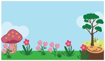 Spring landscape with flowers, trees and mushrooms. landscape with grass and flowers. Illustrations of prairie habitats that are suitable for use in living creatures textbooks vector