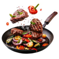 floated seperated Flying beef steaks with grilled vegetable and pan isolate on transparency background png