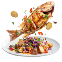 floated fried tilapia with asian slaw and roasted potatoes falling into a plate isolate on transparency background png