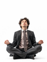 A man in a business suit with a tie that free and windblown is sitting in the lotus posture with closed eyes. On a pure white background png