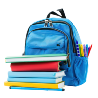 School backpack with stack book and pens isolate on transparency background png