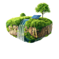 floated green grass island with waterfall and solar panel and wind turbine isolate on transparency background png