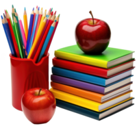 box of pencils and stack of books with red apple isolate on transparency background png