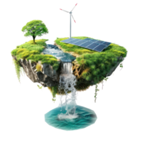 floated green grass island with waterfall and solar panel and wind turbine isolate on transparency background png