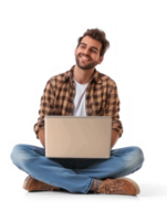 A man is sitting cross-legged on floor with a laptop on his lap , he is looking happy. isolate on transparency background png