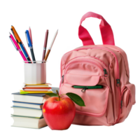 School bag and red apple and box of pen holder with stack book isolate on transparency background png