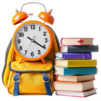 Alarm clock with school bag and stack of books isolate on transparency background png