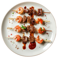 floated Shrimp and beef skewers falling into a plate isolate on transparency background png