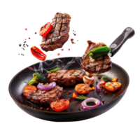 floated seperated Flying beef steaks with grilled vegetable and pan isolate on transparency background png