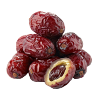 Heap of whole dried Chinese red dates and a halved isolate on transparency background png