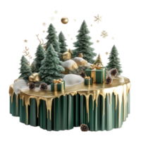 3D Christmas elements and decoration are combined into scenes floating island in green and gold color isolate on transparent background png