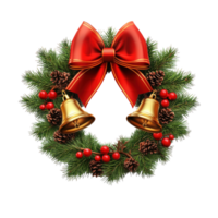 Christmas Wreath big red bow two gold bell 3D icon cartoon isolate on transparent background png