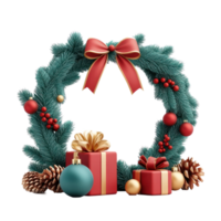 Christmas garland decoration green fir red and baubles and gifts with gold ribbon 3D icon cartoon minimalist isolate on transparent background png