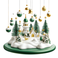 3D Christmas elements and decoration are combined into scenes floating island in green and white and gold color isolate on transparent background png