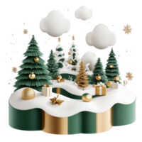 3D Christmas elements and decoration are combined into scenes floating island in green and white and gold color isolate on transparent background png