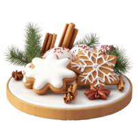 Christmas pine with frosted sugar cookies and cinnamon and fir branch 3D icon isolate on transparent background png