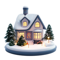 Modern house model decoration with lights and snow 3D icon cartoon smooth soft light isolate on transparent background png
