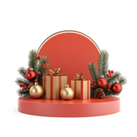 Empty Christmas podium with gold and red decorations and presents 3D icon isolate on transparent background png